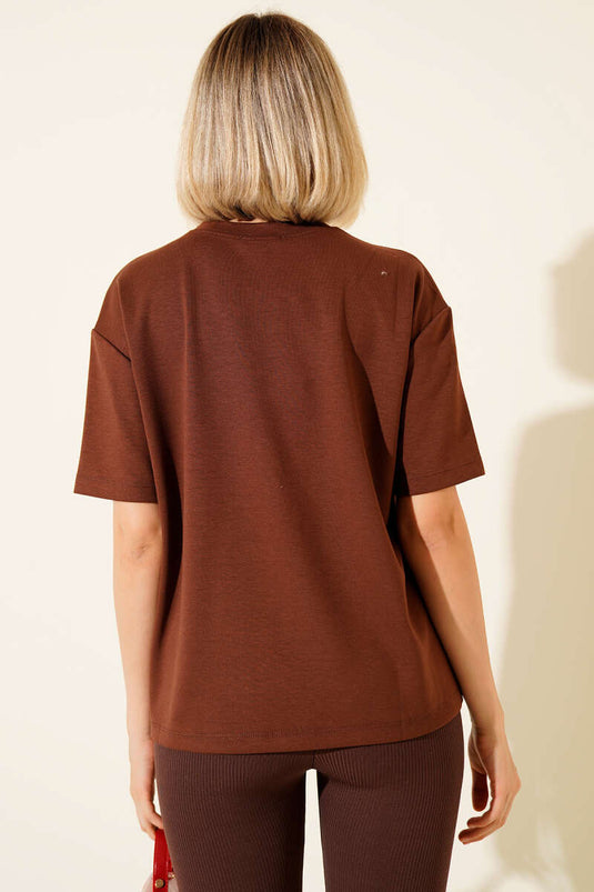 Loyşa Kalp Nakışlı T-shirt Kahve