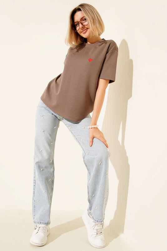 Loisha Heart Embroidered T-shirt, Mink