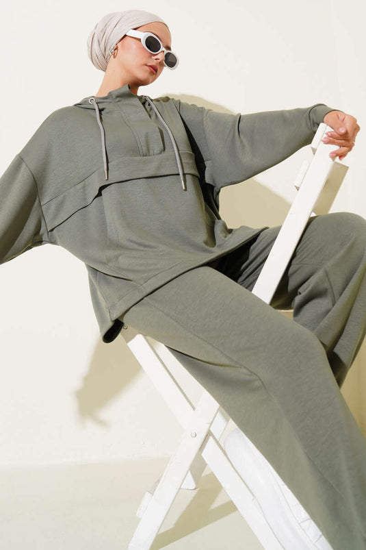 Loyşa Kangaroo Pocket Zippered Two Piece Suit Khaki