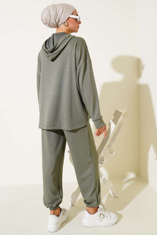 Loyşa Kangaroo Pocket Zippered Two Piece Suit Khaki