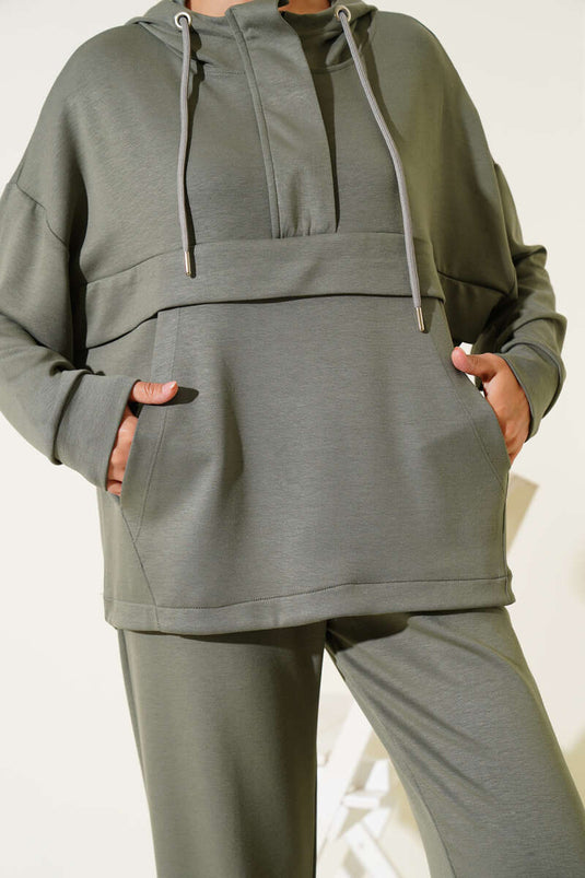 Loyşa Kangaroo Pocket Zippered Two Piece Suit Khaki