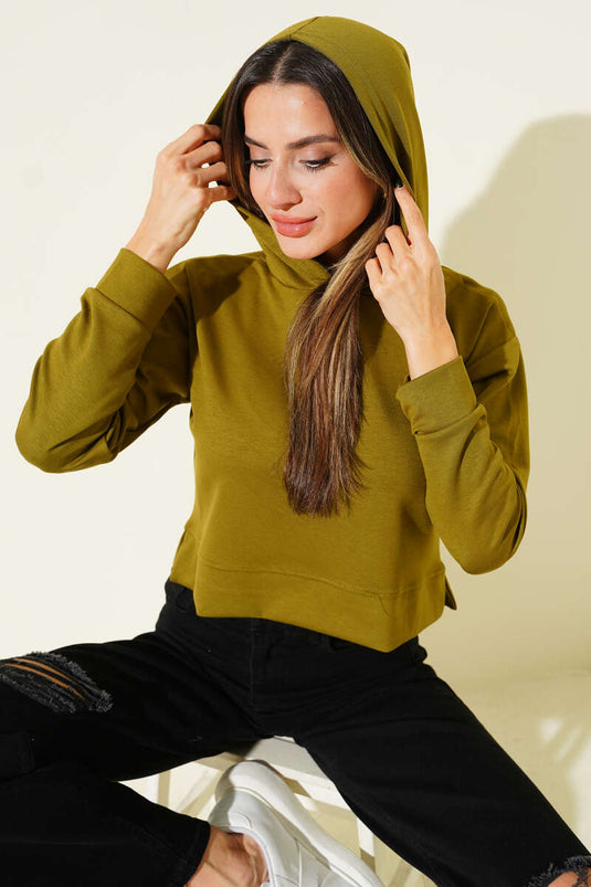 سويت شيرت قصير بغطاء رأس من لويزا، لون زيتوني