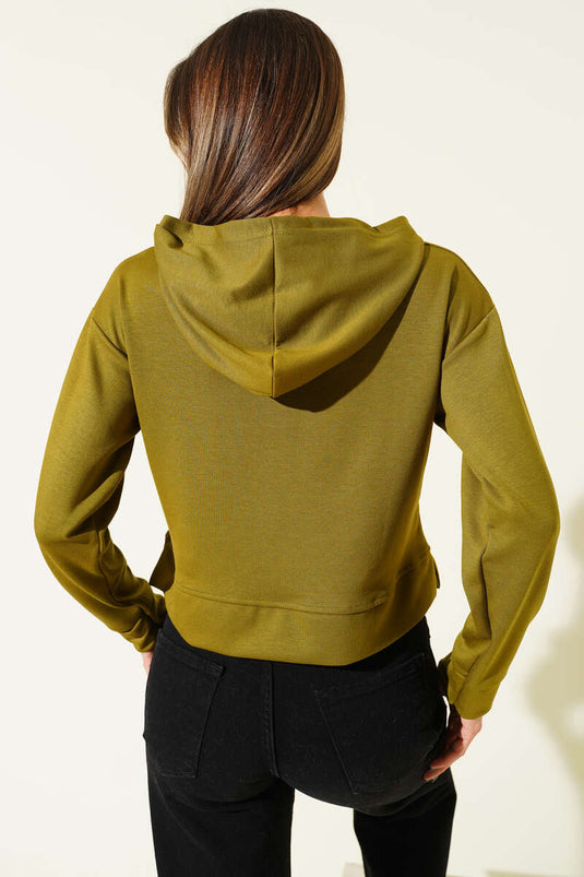 سويت شيرت قصير بغطاء رأس من لويزا، لون زيتوني