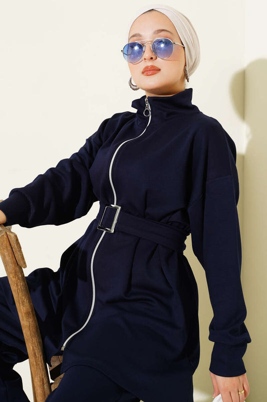 Loyşa Belt Detailed Two-Piece Suit Navy Blue