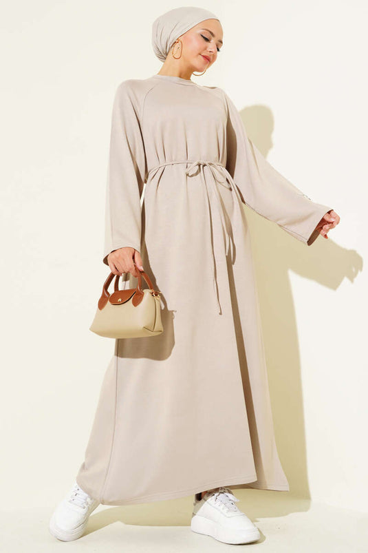 Robe à manches brodées et ceinture en corde beige Loyşa