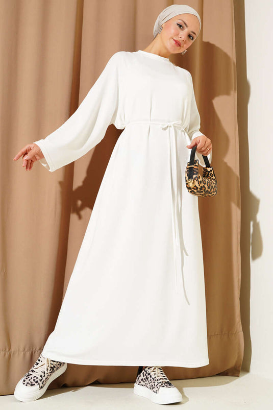 Loysha Sleeve Embroidered Rope Belted Dress White