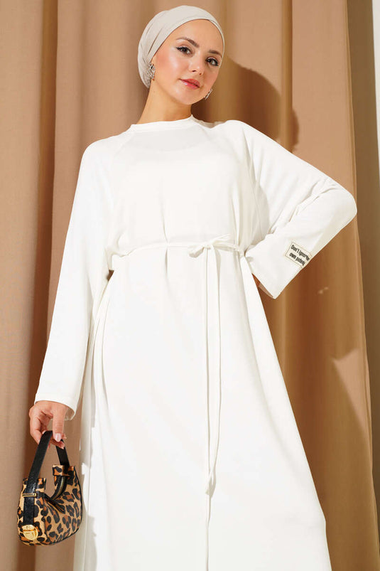 Loysha Sleeve Embroidered Rope Belted Dress White