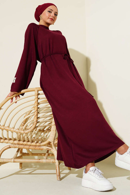 Loyşa Sleeve Embroidered Rope Belted Dress Burgundy