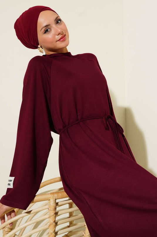 Loyşa Sleeve Embroidered Rope Belted Dress Burgundy