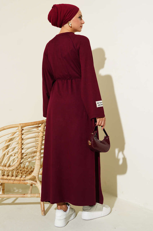 Loyşa Sleeve Embroidered Rope Belted Dress Burgundy