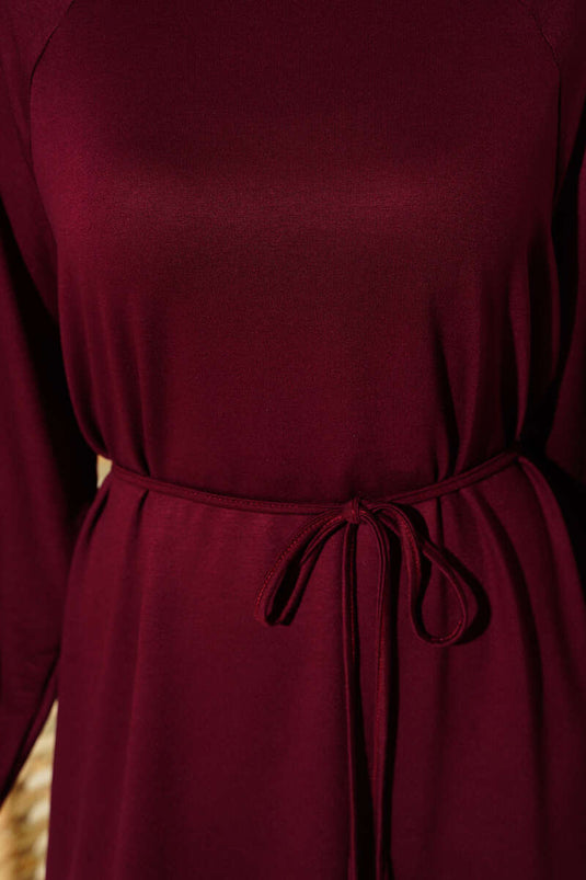 Loyşa Sleeve Embroidered Rope Belted Dress Burgundy