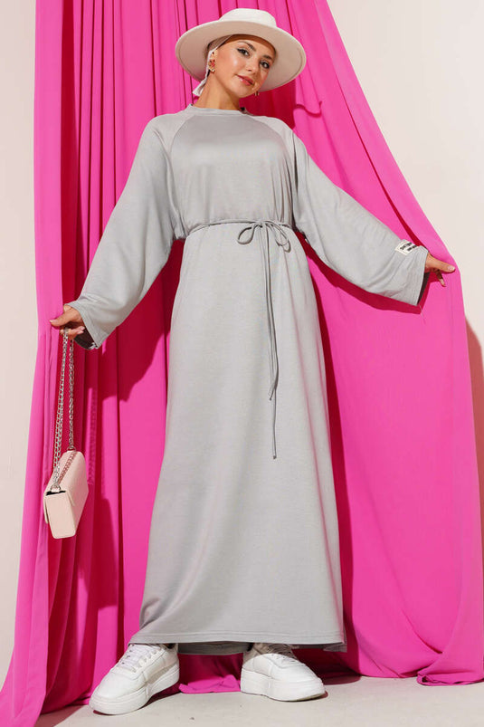 فستان لويشا بأكمام مطرزة وحبل وحزام رمادي