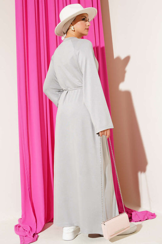 فستان لويشا بأكمام مطرزة وحبل وحزام رمادي