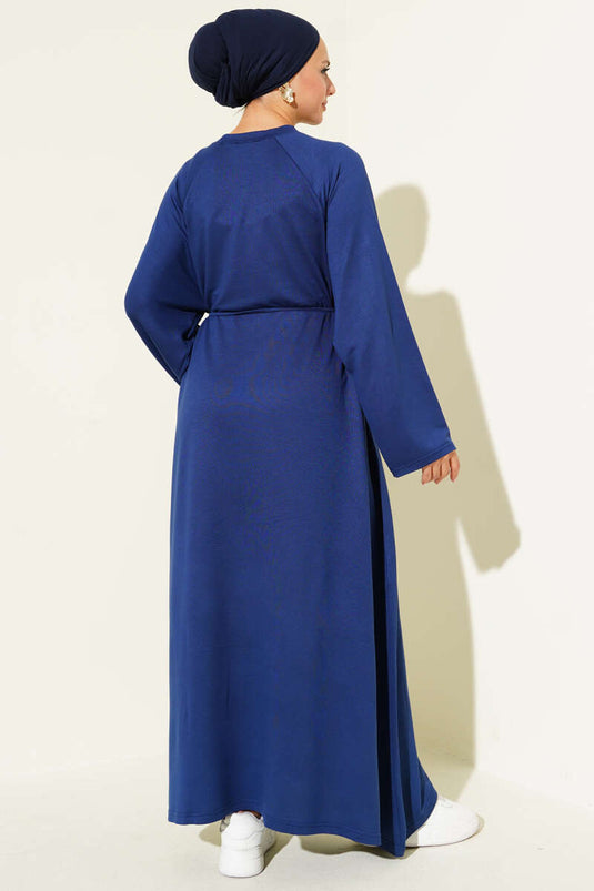 فستان لويشا بأكمام مطرزة وحبل وحزام أزرق داكن