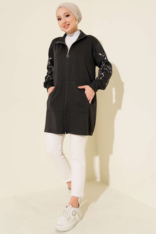 Loyşa Kolları Nakışlı Fermuarlı Hırka Füme