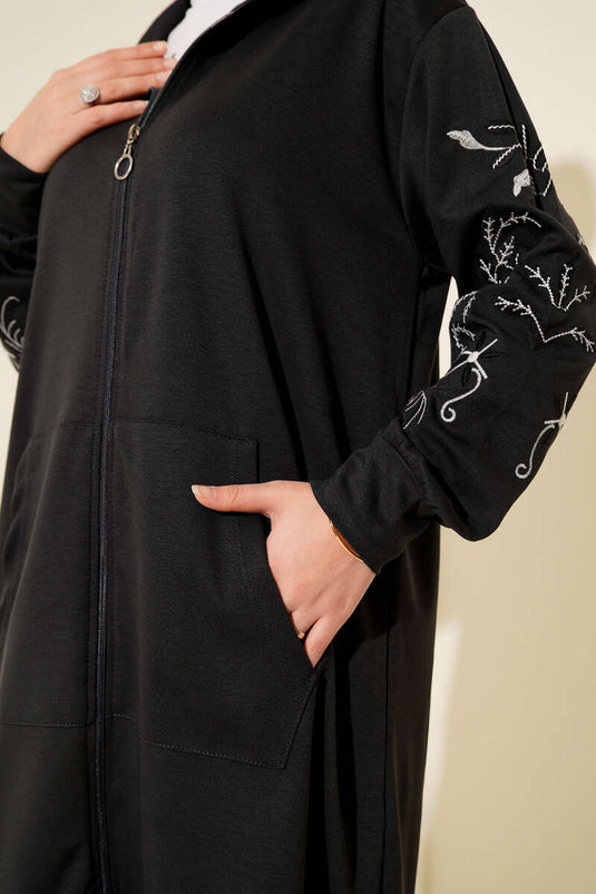 Loyşa Kolları Nakışlı Fermuarlı Hırka Füme
