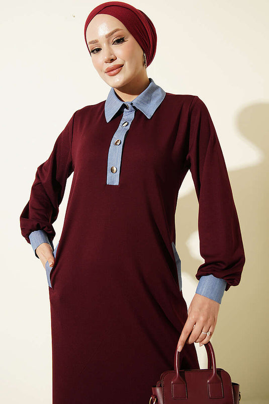 Bordeaux Gestreiftes Jeanskleid
