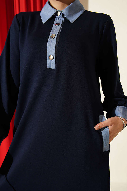 Navy Denim Kleid Mit Rüschen