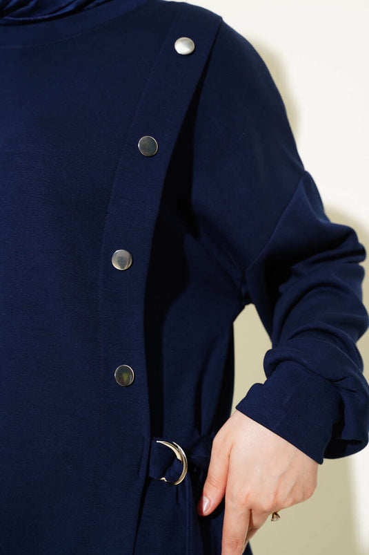 Loyşa Metal Button Detailed Two-Piece Set Navy Blue