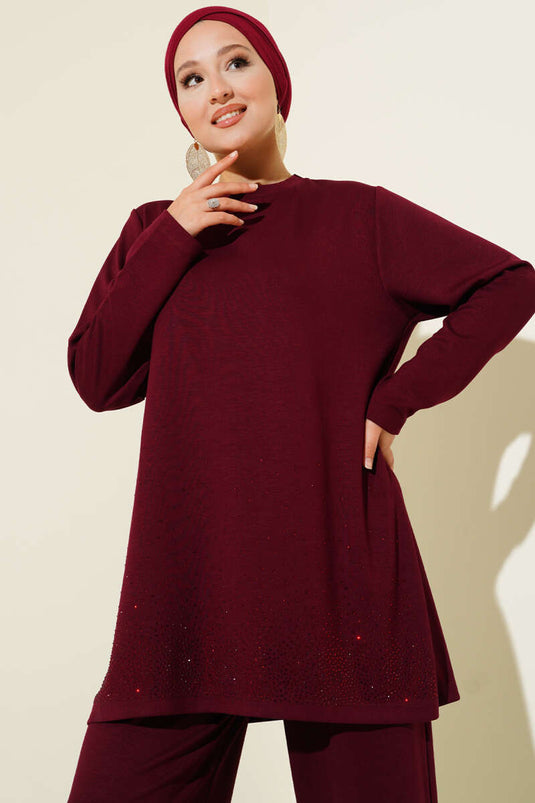 Loyşa Mini Taş Süslemeli İkili Takım Bordo