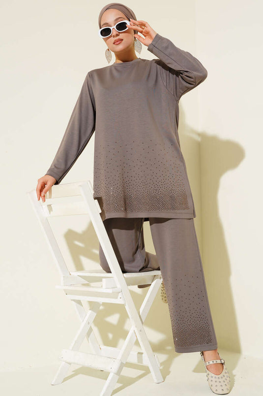 Loyşa Mini Taş Süslemeli İkili Takım Vizon