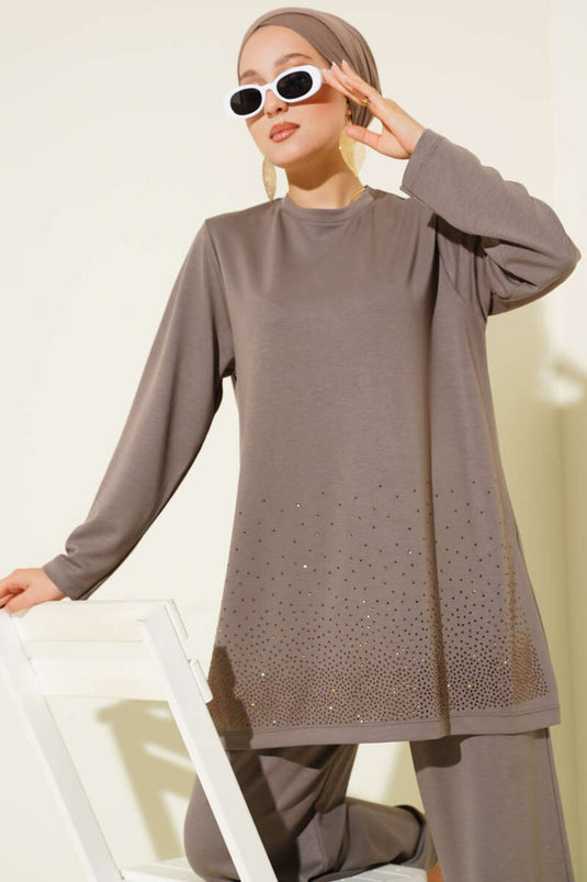 Loyşa Mini Taş Süslemeli İkili Takım Vizon