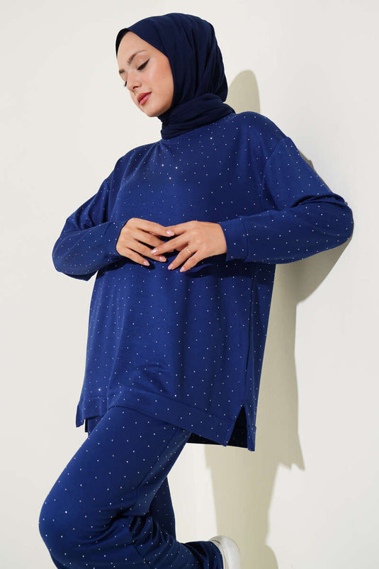 Loyşa Mini-Zweiteiler mit Steinverzierung Marineblau