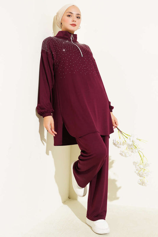 Loyşa Omuz Taşlı Fermuarlı İkili Takım Mürdüm