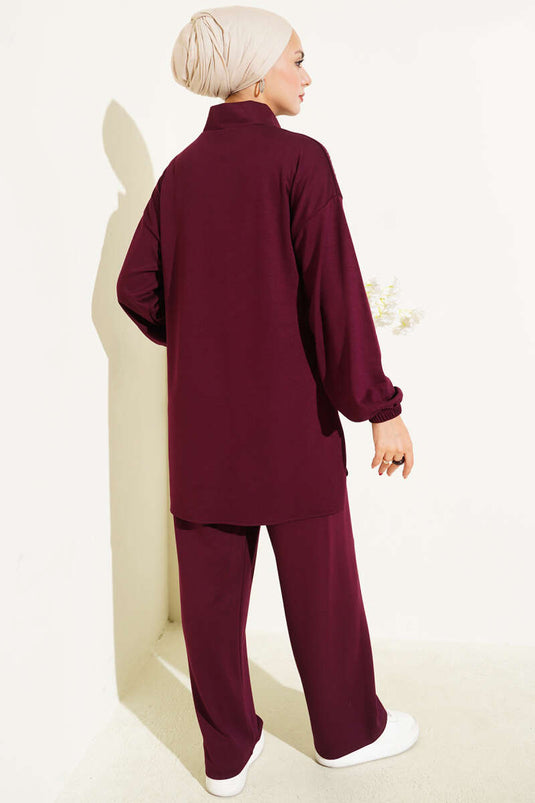 Loyşa Omuz Taşlı Fermuarlı İkili Takım Mürdüm