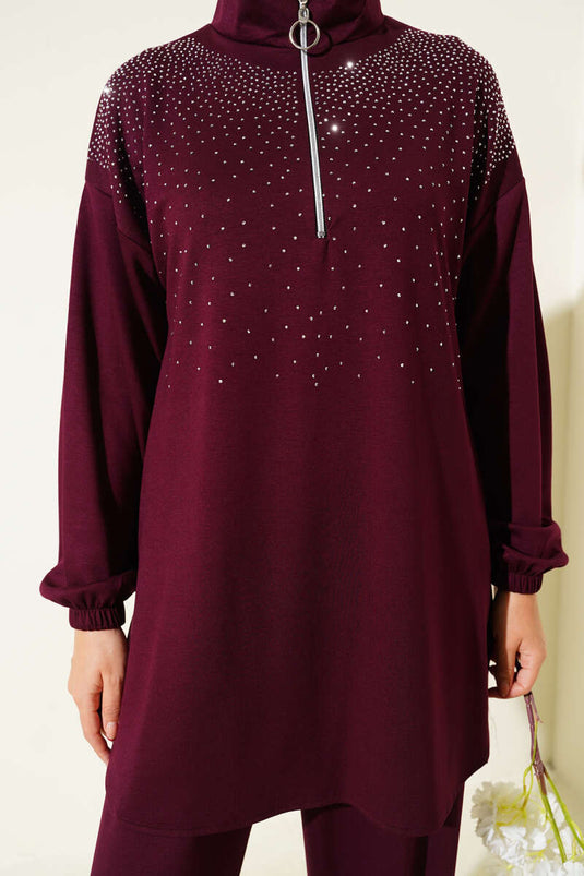 Loyşa Omuz Taşlı Fermuarlı İkili Takım Mürdüm