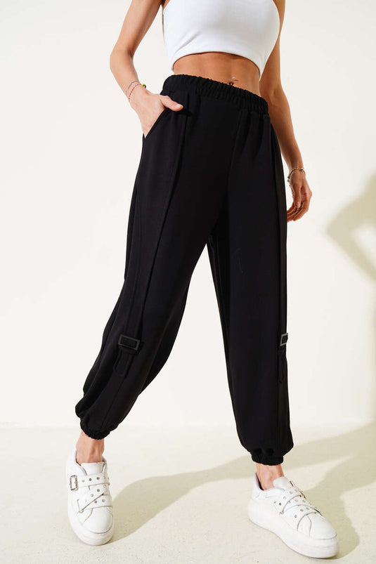 Loyşa Front Belt Detailed Jogger Pants Black