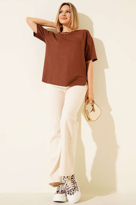 Loyşa Oval Kesim T-shirt Kahve