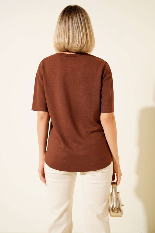 Loyşa Oval Kesim T-shirt Kahve