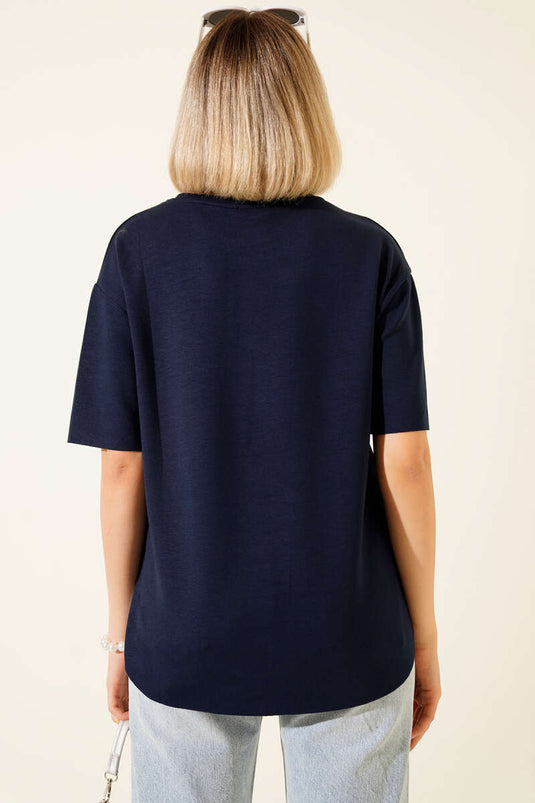 Loyşa Oval Kesim T-shirt Lacivert