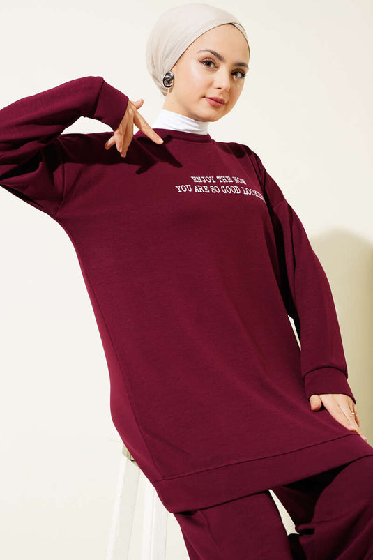 Loyşa Paça Baskılı İkili Takım Bordo