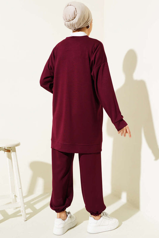 Loyşa Paça Baskılı İkili Takım Bordo