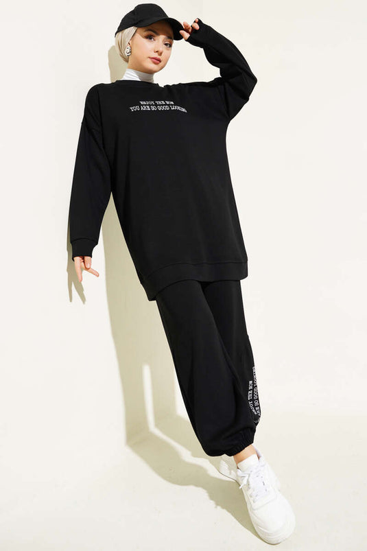 Loyşa Paça Baskılı İkili Takım Siyah