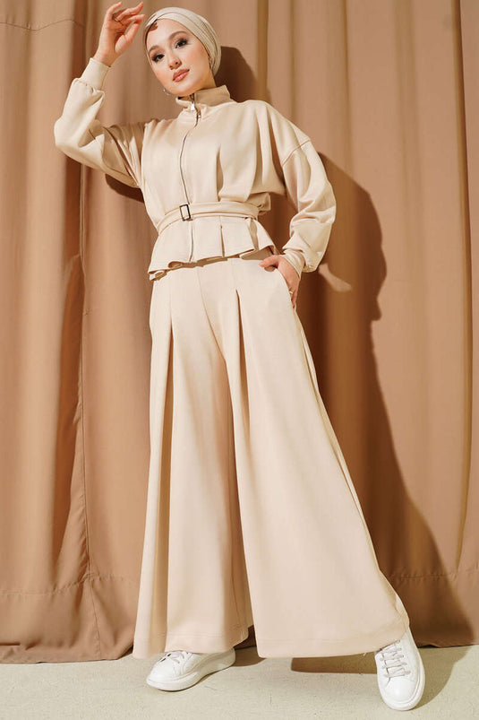 Loyşa Pincer Detailed Two-Piece Suit Beige