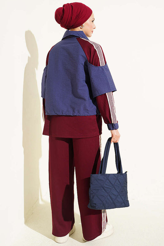 Burgundy Belted Two-Piece Set With Stripe Details