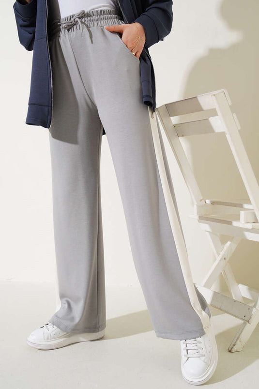 Gray Pants with Side Stripes and Elastic Waist