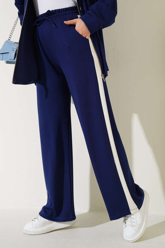 Pantalon élastique à taille rayée Loysha bleu marine