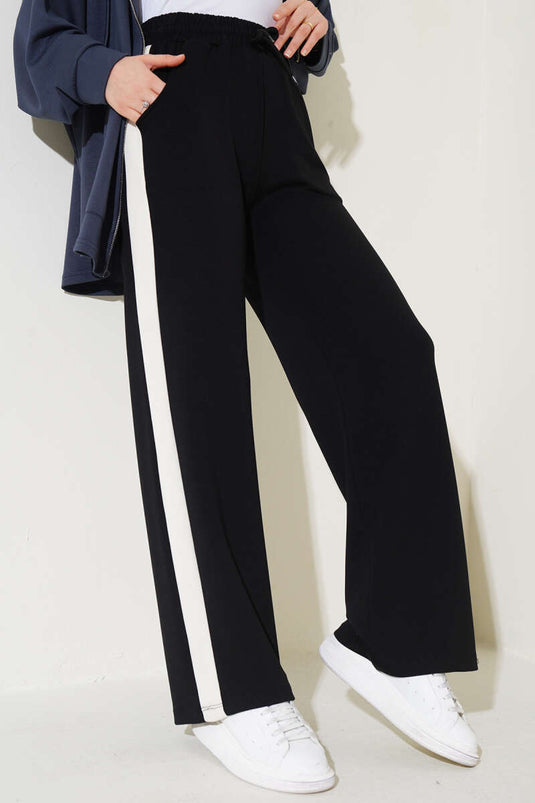 Black Pants with Elastic Waist and Striped Side