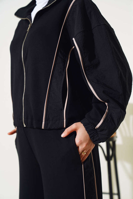 Loyşa Şeritli Garnili Hırka İkili Takım Siyah