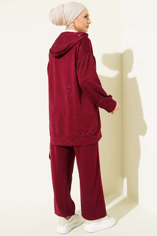 Ensemble double à capuche avec détails en maille Loyşa Bordeaux