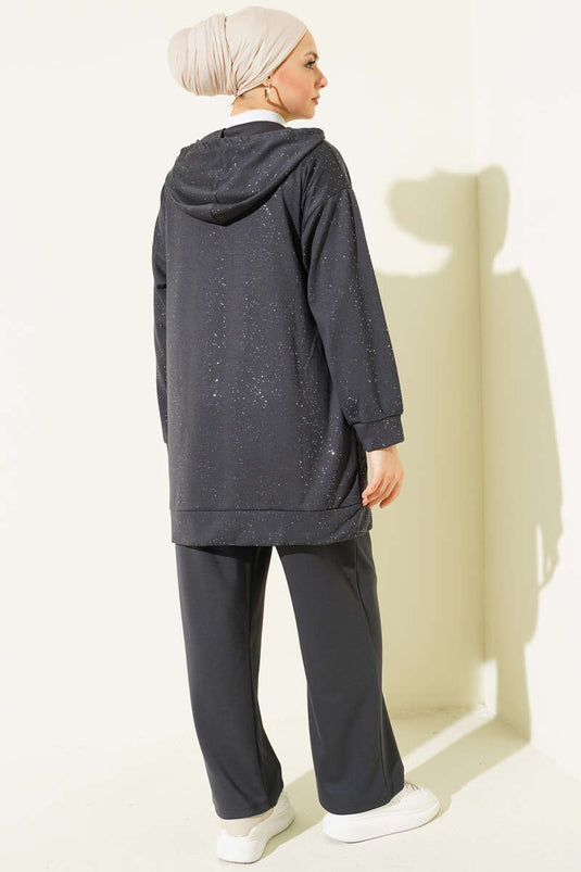Loyşa Sim Detaylı Kapüşonlu İkili Takım Füme