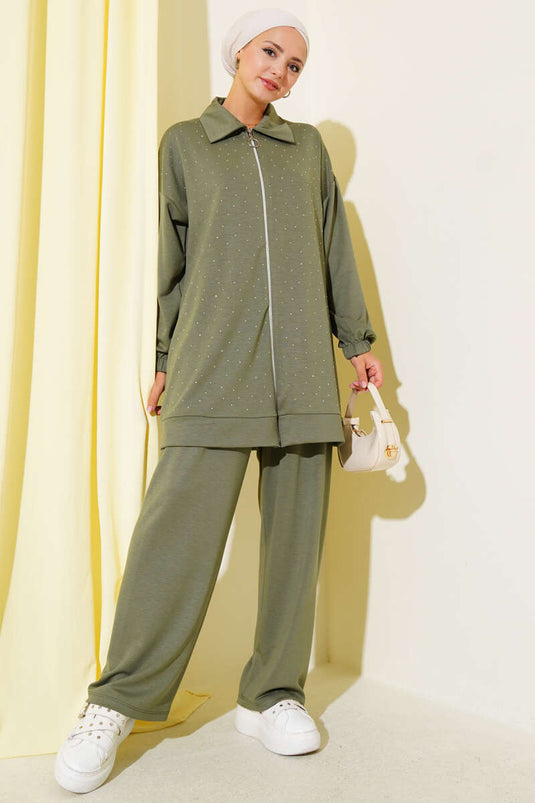 Loyşa Taş Süslemeli Fermuarlı İkili Takım Çağla Yeşili