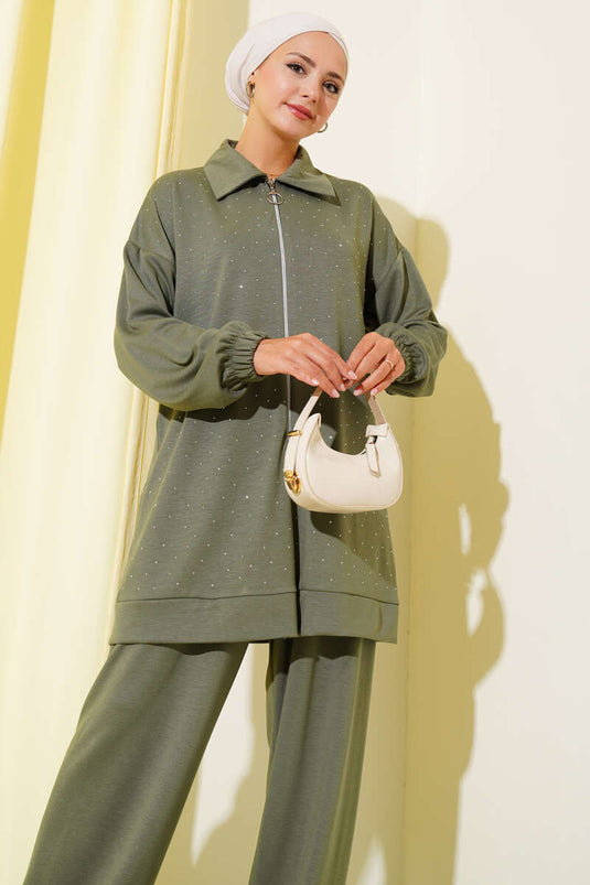 Loyşa Taş Süslemeli Fermuarlı İkili Takım Çağla Yeşili