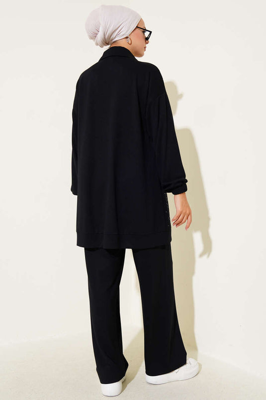 Loyşa Stone Embellished Zippered Two Piece Suit Black