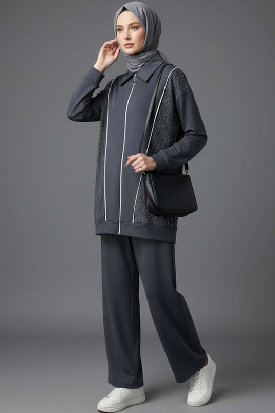 Loyşa Taşlı Fermuarlı İkili Takım Füme