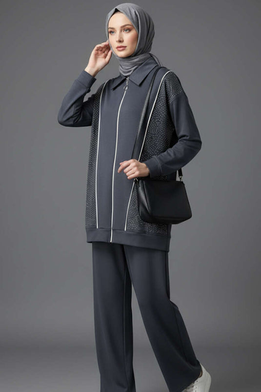 Loyşa Taşlı Fermuarlı İkili Takım Füme